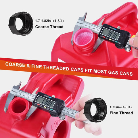 Spout Replacement Kit For Gas Cans With Preinstalled Gaskets, Universal Nozzle Replacement showing coarse and fine threaded caps.