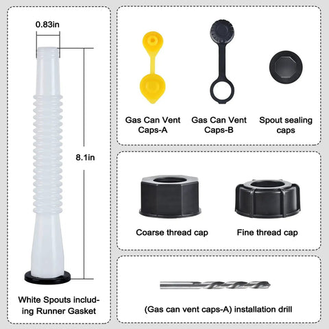 Spout Replacement Kit For Gas Cans With Preinstalled Gaskets, includes white spout, vents, caps, and drill for container use.