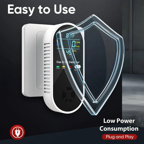Side view of 4 in 1 Plug In Gas and CO Detector with Temperature and Humidity Sensors, showing digital display and shield.