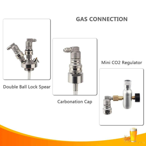 Gas connection display featuring Ball Lock Disconnect For Corny Keg Fittings, Gas And Liquid, MFL Quarter Inch Threaded.