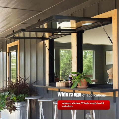 Indoor outdoor bar with open window supported by 10mm Ball Stud Gas Spring Mounting Bracket Kit With 4 L Type Brackets, 4 Flat Type.