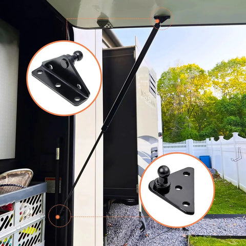 10mm Ball Stud Mounting Bracket Kit for Gas Strut Lift-O-Mat installed on RV door with screws, black finish