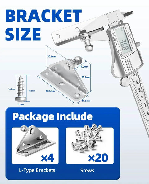 Gas Struts Mounting Bracket 10mm Ball Stud Kit 4 Angled Brackets With 20 Screws Size Chart and Package Contents