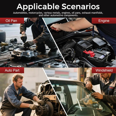 Various automotive scenarios showing oil pan, engine, auto part, and windshield repairs using Beefy High Temp Silicone Gasket Maker Black Sealant For Automotive Motorbike And Machinery 13 Oz Tube High Strength Flange Sealer Oil And Water Resistant Heat Resistant Gasket Maker For Leaks Quick Cure On Metal Glass And More.