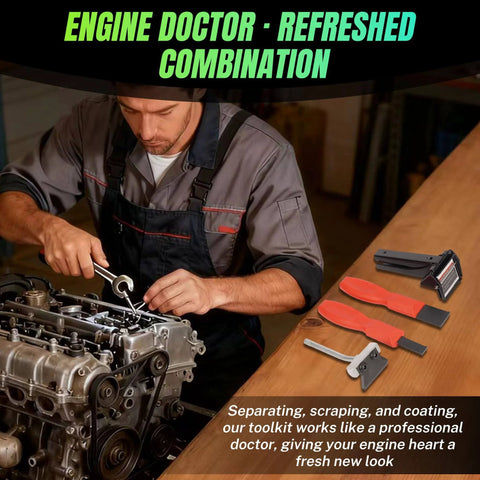Mechanic using Pro-Grade 3-In-1 Gasket And Sealant Tool Kit with carbide scrapers and oil pan separator on engine.