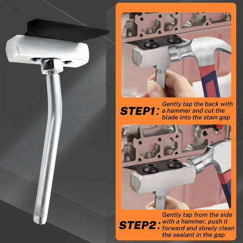 Pro-Grade 3-In-1 Gasket And Sealant Tool Kit with carbide scraper shown in use on metal surface.