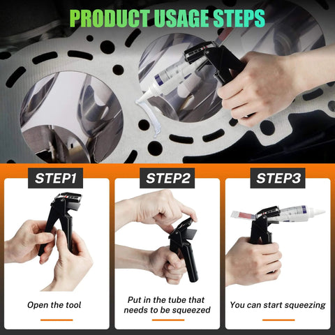 Step-by-step guide of the Pro-Grade 3-In-1 Gasket And Sealant Tool Kit With Carbide Scrapers and Silicone Tube Dispenser usage.