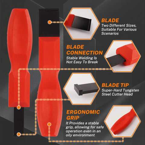 Pro-Grade 3-In-1 Gasket And Sealant Tool Kit with ergonomic red handles and carbide scrapers for automotive use.