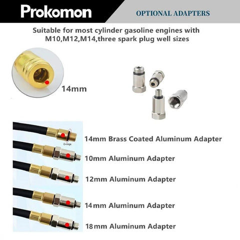 Prokomon engine cylinder leak-down tester kit with brass-coated aluminum adapters (10/12/14/18mm) and extension rod
