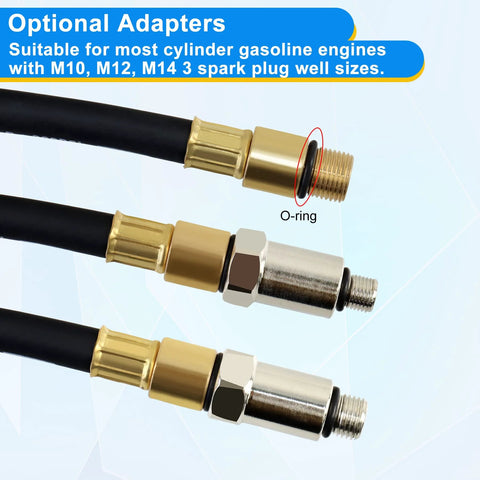 JoyFans cylinder leak-down tester kit: three spark plug adapters (M10/M12/M14) with brass fittings and O-rings