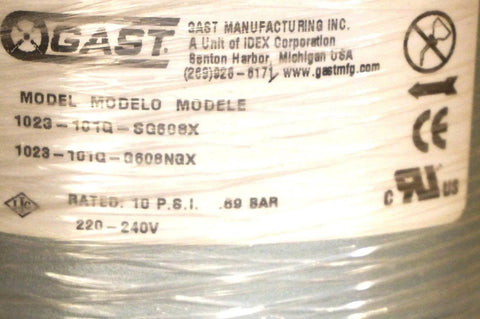 Label on Gast 1023-101Q-SG608X Replacement Rotary Vane Septic Air Pump showing model and voltage details