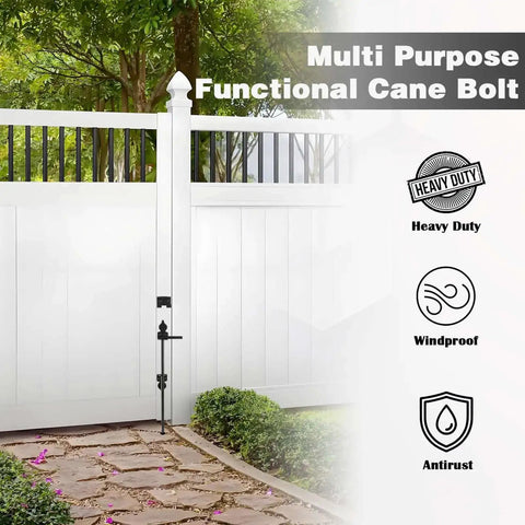 Two Pack 18 Inch Heavy Duty Cane Bolt Gate Drop Rod Stopper Hardware For Wood Metal Vinyl Fences And Double Doors Ground Latch Drop Pin Lock To Hold Gates Firm To The Ground Black Finish installed on white fence.