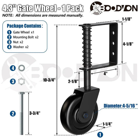 4.3 Inch Heavy Duty Gate Caster With Bearing And Spring Loaded Gate Wheel, 360 Degree Rotation For Wooden Gates, Fences And Metal Tube Gates, Supports Up To 220 Lb, Black, 1 Pack Easy To Install.