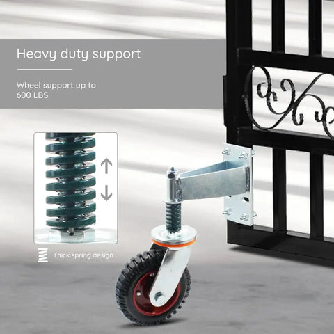 6 Inch Gate Caster With 360 Degree Rotation Spring Loaded Heavy Duty Fence Gate Wheels For Metal Tubes, mounted on gate