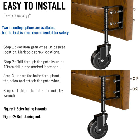 Installation steps for Four Inch Spring Loaded Caster Wheel Set For Gates And Fences, shown on wooden gate.