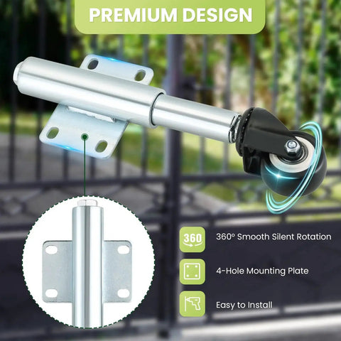 Spring Loaded Gate Caster Set Of Two With Two And A Half Inch PU Swivel Wheels Four Hole Mounting Plate Heavy Duty Farm Gate Rollers