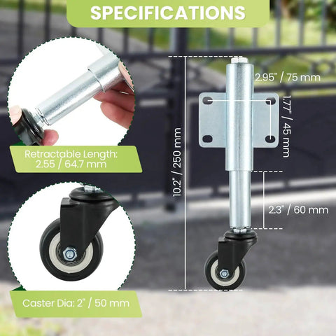 Spring Loaded Gate Caster Set Of Two With Two And A Half Inch PU Swivel Wheels Four Hole Mounting Plate, shown with measurements