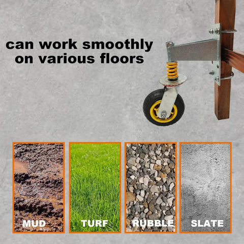 Image showing 6 Inch Gate Caster Wheels For Metal Swing Tube Gate And Farm Wooden Fence Gate 360 Degree Swivel on various floor types.