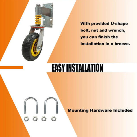 6 Inch Gate Caster Wheels For Metal Swing Tube Gate And Farm Wooden Fence Gate 360 Degree Swivel Spring Loaded With Auto Height Adjustment Prevents Sagging Heavy Duty 600 Lbs Capacity 2 Pack shown with mounting hardware