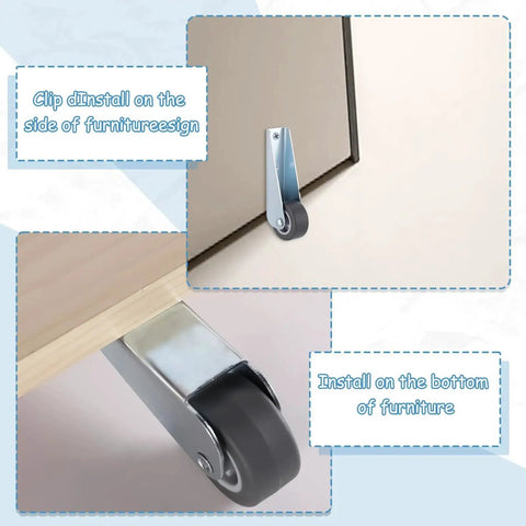 1 Piece 1.6 Inch Gate Caster Wheel Replacement in stainless steel housing, side and bottom installation view on furniture