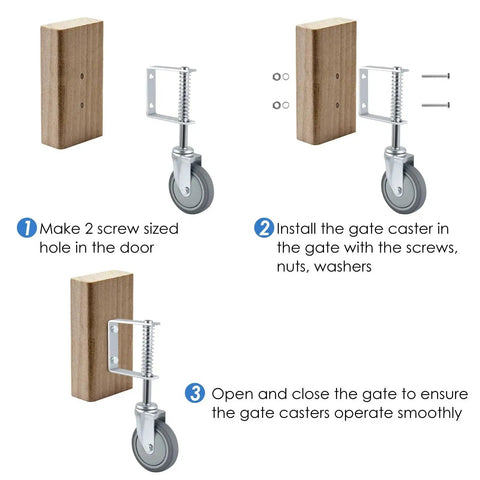 Installation steps for 2 Pack Heavy Duty Spring Loaded Gate Casters With 4 Inch Sliding Wheels For Wooden And Metal Gates Each Supports 250 To 500 Lbs Made From Corrosion Resistant Steel For Outdoor Use Easy Gate Opening And Closing