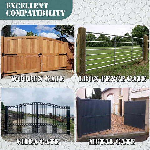 Image showing 8 Inch Gate Wheel For Metal Tube And Wooden Gates, 15.4 Inch Height, Spring Loaded Heavy Duty Rubber Caster, 700 Lb Capacity installed on various gate types including wooden, iron, villa, and metal gates to demonstrate compatibility.