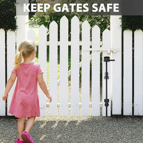 Child near a white picket fence with Two Pack 18 Inch Heavy Duty Cane Bolt Gate Drop Rod Stopper Hardware For Wood Metal Vinyl Fences.