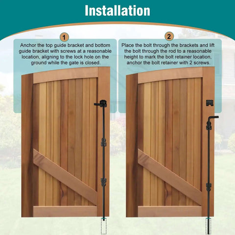 Installation diagram showing 36 Inch Heavy Duty Gate Drop Rod Two Pack Built Tough Black Solid Steel Cane Bolt Gate Latch for wooden fences.