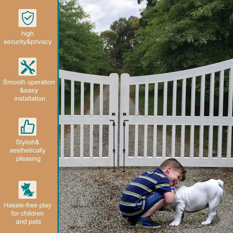 White garden gate with 36 Inch Heavy Duty Gate Drop Rod Two Pack Built Tough Black Solid Steel Cane Bolt Gate Latch installed