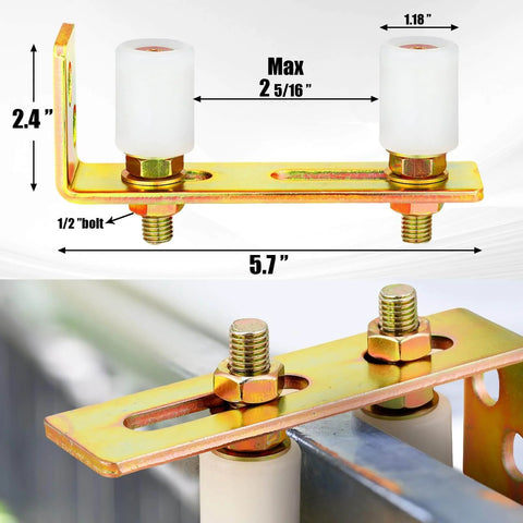 Adjustable Slide Gate Guide Roller Kit 4 Pack with Dual Nylon Rollers and L Rear Post Bracket installed on sliding gate.