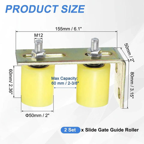 Gate Guide Roller Kit With 4 Nylon Rollers And 2 L Shaped Brackets, 2 Inch Diameter And 60mm Length, Yellow in side view