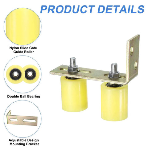 Gate Guide Roller Kit With 4 Nylon Rollers And 2 L Shaped Brackets, 2 Inch Diameter And 60mm Length, Yellow, side view