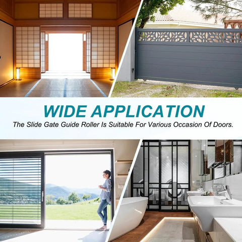Image showing various doors, highlighting the Slide Gate Guide Roller Set 4.7 Inch By 2 Inch With L Shape Brackets Universal Adjustable Heavy Duty Sliding Gate Hardware Kit White For Balcony And Bedroom Use Durable Metal Construction For Long Lasting Performance And Smooth Operation suitable for different settings.