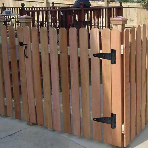 Wooden gate with Beefy Gate Hardware Kit with self locking gate latch and two 6 inch T hinges, black powder coated steel, outdoor installation