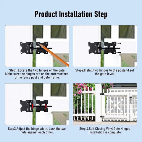 Installation steps for heavy duty self closing gate hinges for vinyl and wood fences, 90 degree adjustable with swing tool