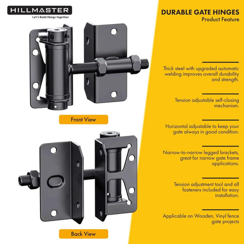 Built Tough Self Closing Gate Hinges For Metal Vinyl PVC Wood Fence With Adjustable Tension And 90 Degree Swing Gate Closer Hinges Gate Hardware Kit 2 Pack In Black Finish, showing front and back views.