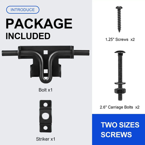 Heavy Duty Slide Bolt Gate Latch With Padlock Hole, showing package of bolt, striker, screws, and carriage bolts in black.