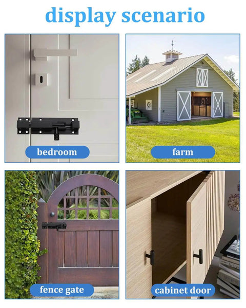 Heavy duty 6 inch slide bolt gate latch made from solid 304 stainless steel with a black electroplating finish on wooden fence
