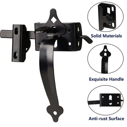 Heavy Duty Gate Latch For Wooden Fence With Self Locking Thumb Latch 8 Inch Handle Steel Black Finish Gate Kit. Easy Install and Durable Hardware