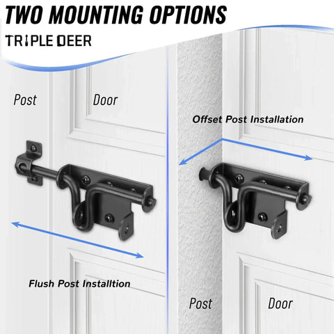 Installation options for Heavy Duty Sliding Bolt Gate Latch With Padlock Hole For Wood Fence Yard Shed Barn Door Black 1 Pack