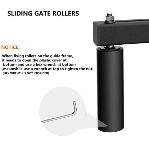 Illustration of a Sliding Gate Roller installation guide with hex wrench, part of the Adjustable Sliding Gate Guide Roller 6 Inch Dual Hard Nylon Rollers with Heavy Duty Steel Bracket Rust Proof Design for Smooth Quiet Sliding Gates Fences Barn Doors and Garages.