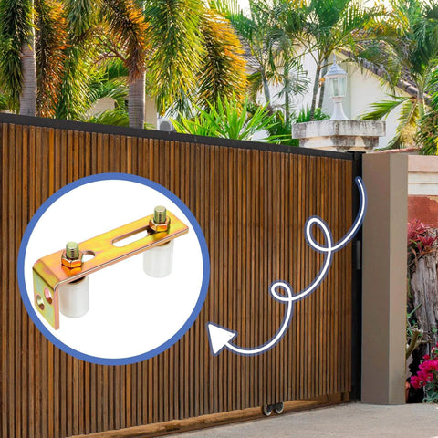 Adjustable Slide Gate Guide Roller Kit 4 Pack with Dual Nylon Rollers and L Rear Post Bracket installed on a wooden sliding gate