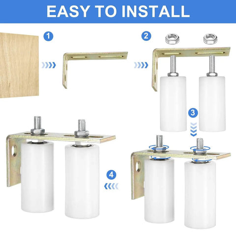 Installation of 1 Set Slide Gate Guide Roller With L Shaped Rear Bracket For Sliding Doors, showing white nylon rollers and bracket setup.