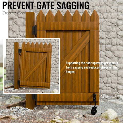 Wooden gate with Four Inch Spring Loaded Caster Wheel Set For Gates And Fences, preventing sagging, 220 lb capacity support.