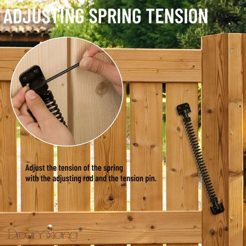 Beefy Heavy Duty Self Closing Gate Spring For Outdoor Gates Adjustable Tension Gate Closer on wooden fence with adjusting rod