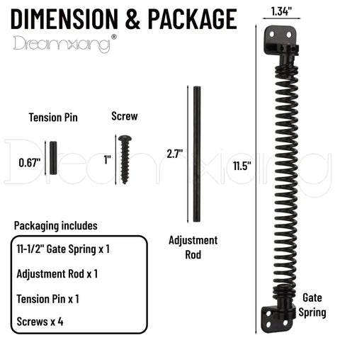 Dimensions and packaging of Beefy Heavy Duty Self Closing Gate Spring For Outdoor Gates Adjustable Tension Gate Closer.