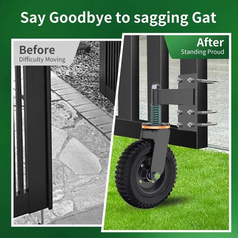 Heavy Duty 6 Inch Gate Wheel With Iron Solid Rubber Core for maximum 600 lb weight capacity supporting a metal gate on grass.