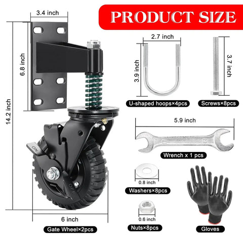 Two Pack 6 Inch Fence Gate Wheels With Brake For Metal Or Wood Gates Heavy Duty Gate Casters Sliding Hardware 500 Pound Capacity 360 Degree Rotation Spring Loaded Includes Mounting Hardware And Gloves, showing product dimensions and included accessories.