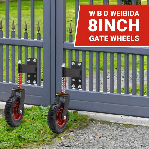 Heavy Duty Gate Wheel With 8 Inch Wheel 600 Lbs Capacity Shock Absorbing Spring Swivel Gate Wheels installed on metal gate