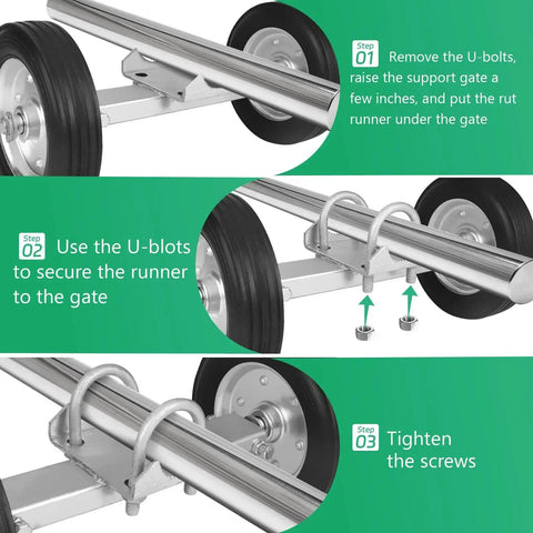 Installation instructions for 8 Inch Heavy Duty Gate Wheel With Hard Rubber Tread And Adjustable Steel U Bolts showing steps to mount on gate.